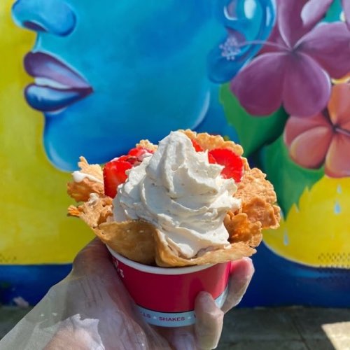 Waffle bowl sundae held up in the park